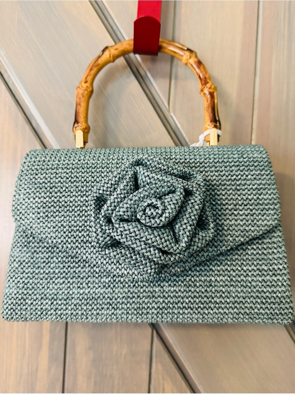 NWT Haute Hippie Woven Rose Accent Top-Handle Bag in Soft Blue